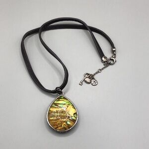 Fossil leather cord necklace with teardrop abalone inlay pendant boho